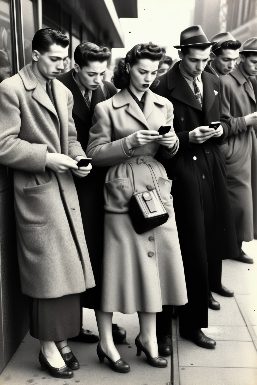 00887-1605477016-_lora_Weegee Style_1_Weegee Style - 1950s men women waiting at a bus stop looking at their iphones, historical photograph in the.png